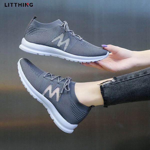 

litthing women casual shoes fashion breathable walking mesh flat shoes sneakers vulcanized sport female footwear, Black