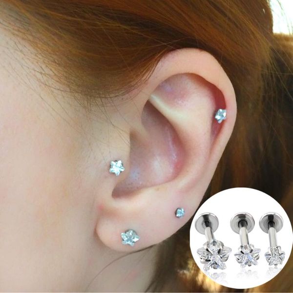 

fashion jewelry ear stud star zircon prong set internally threaded lip piercing daith cartilage helix piercing stud earrings, Golden;silver