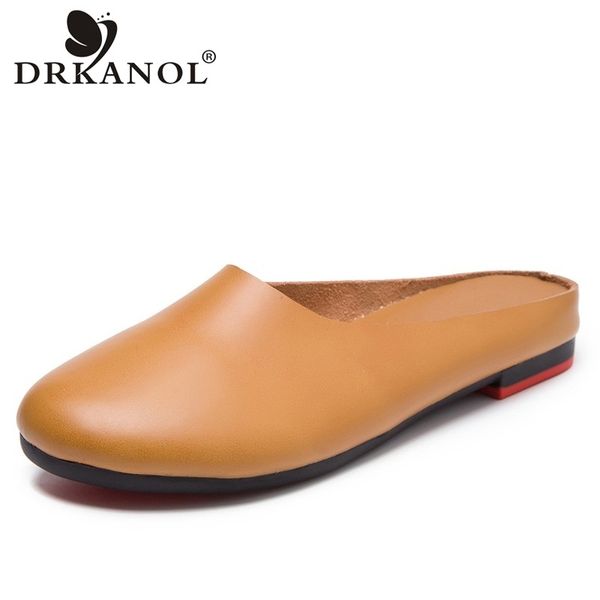 

drkanol 2020 fashion genuine leather women slippers summer shoes round toe casual flat shoes outside slippers ladies slides, Black