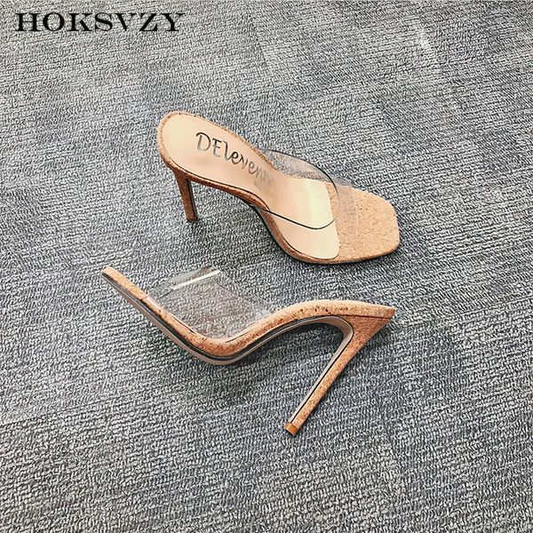 

hoksvzy 2020 spring women heels sandals supply popular style square head wood apricot pvc film slippers large size 43 zl, Black