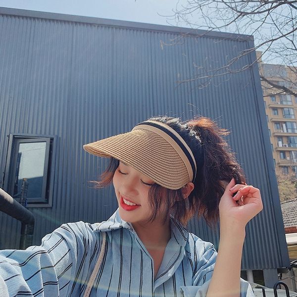 

korean style all-match hair hoop hair band type cap female summer empty straw woven no-sun hat travel sun hat, Blue;gray