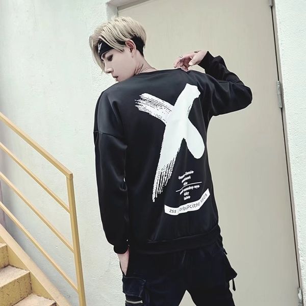 

0l3v3 мужского свитер осень шея пальто свитер свободный пуловер одежда студент корейский стиль модного хип-хоп бита рукав пальто мужской clo, Black