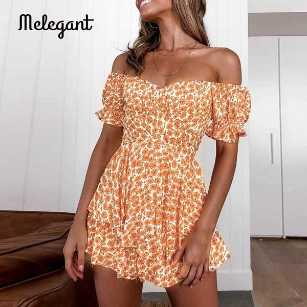 

melegant party off shoulder boho print short overalls 2020 summer women fashion ruffle high waist rompers holiday jumpsuit, Black;white