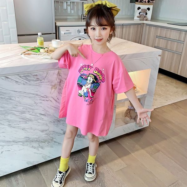 

summer girls western style short-sleeved 2020 new girl online red wear dress children's children's long t dress fashion, Blue