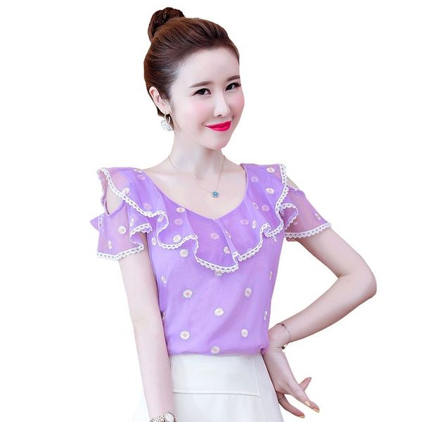 

2020 summer new small daisy short sleeve chiffon shirt women's mesh lotus edge off shoulder floral foreign style small shirt, White