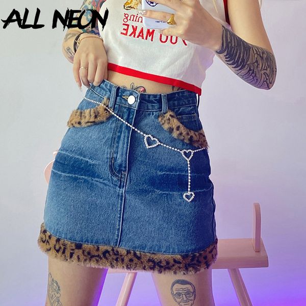 

allneon y2k мода leopard печати shaggy хем джинсовые юбки e-девушка стиль высокой талией с карманы мини-юбки карандаш голубых боттомсом, Black