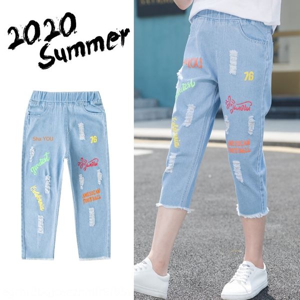 

girls jeans thin capri pants summer wear 2020 new medium and large foreign style jeans wear children's children's hole pants, Blue
