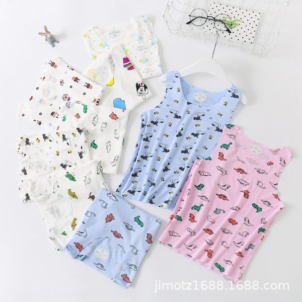 

summer children's cotton boys' and girls' thin silk screen vest base shirt cut ice silk printed cartoon children's vest, Blue