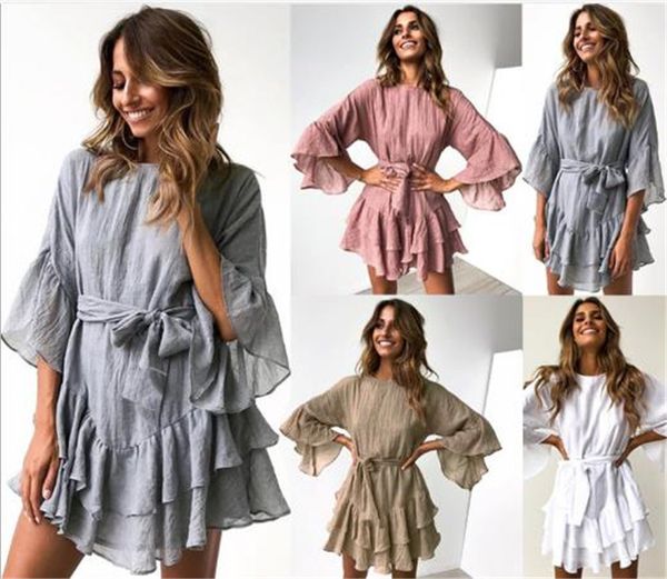 

ruffle womens designer dresses summer 1/2 sleeve asymmetrical dress with sash fashion casual women holiday dresses, Black;gray