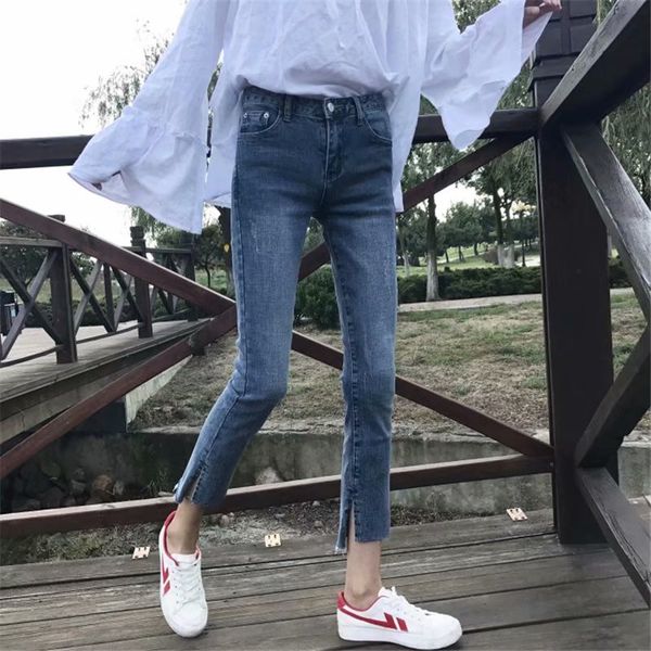 

women's jeans denim high waist net red stretch thinning nine-point pants thin pencil girls tide, Blue