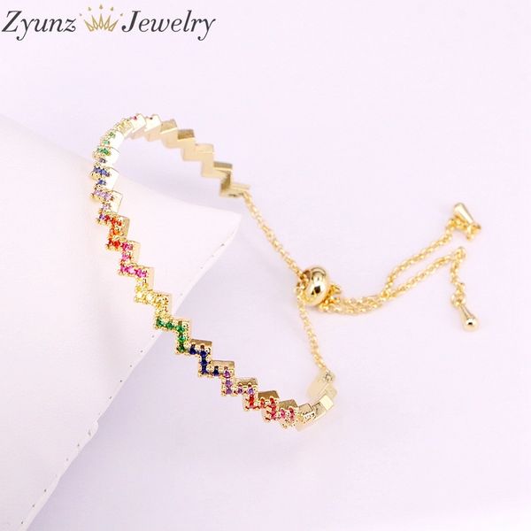 

4pcs, rainbow charm lady girl bracelets crystal cuff bangles copper cz micro pave colorful zirconia slide adjustable bangle, Silver