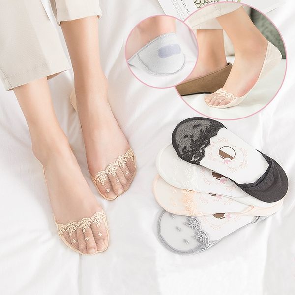 

lace invisible silicone non slip no show socks women mesh boat socks cotton shallow mouth liner thin slipper white, Black;white