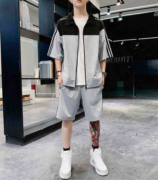 

designer mens tracksuits 2020 summer fashion new mens active two-piece suits casual men cardigan panelled suit 2 styles plus size -3xl, Gray