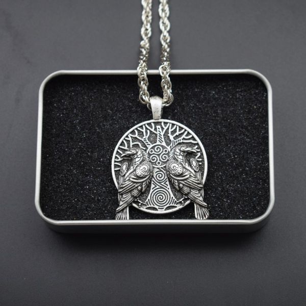 

yggdrasil tree of life couple raven necklace viking odin crow talisman amulet bird jewelry, Silver