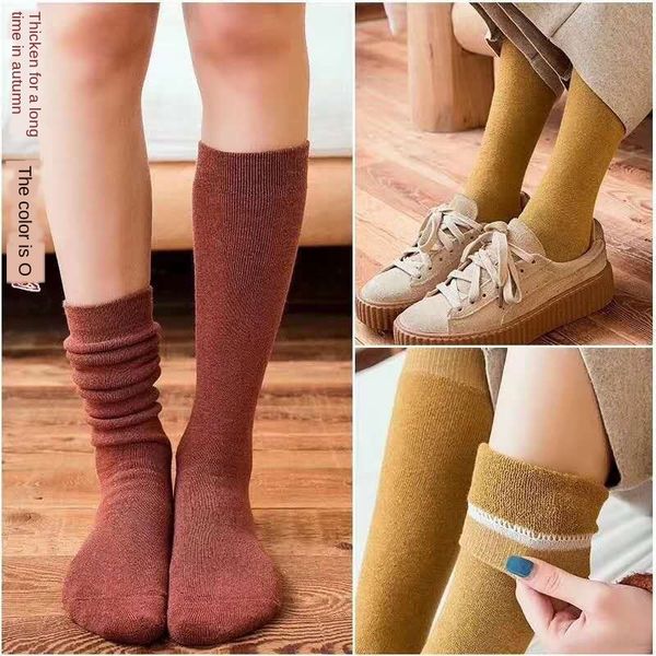 

women's middle calf warm long tube plus velvet season high tube thickened warm medium medium socks fur ring simple socks, Pink;yellow