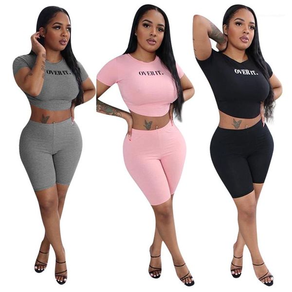 

letter pattern short sleeve crop casual knee length pants womens tracksuits natural color 2pc set fashion, Gray