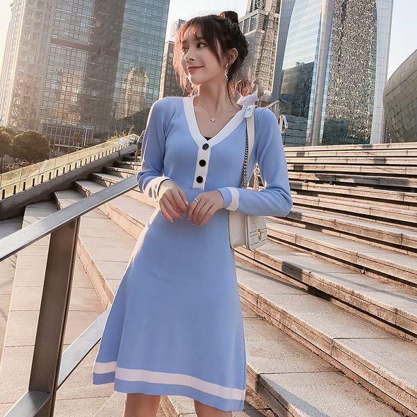 

2020 new french temperament v-neck slim waist slimming college style casual knitted dress women, White;black