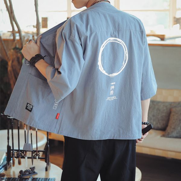 

summer vintage jacket men cotton linen kimono jacket for men thin sunscreen cardigan kimono coat half sleeve outerwear shirts, Black;brown