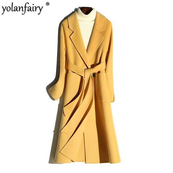

women's wool & blends long 100% coat women korean double-sided spring autumn jacket yellow overcoat abrigos mujer elegante xrd1810 kj40, Black