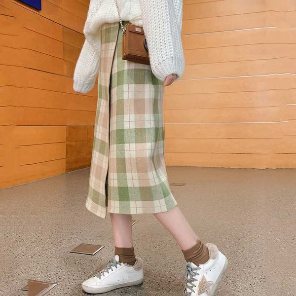 

plaid skirt women's 2020 new high waist korean-style all-match student slim mid-length irregular skirt, Black