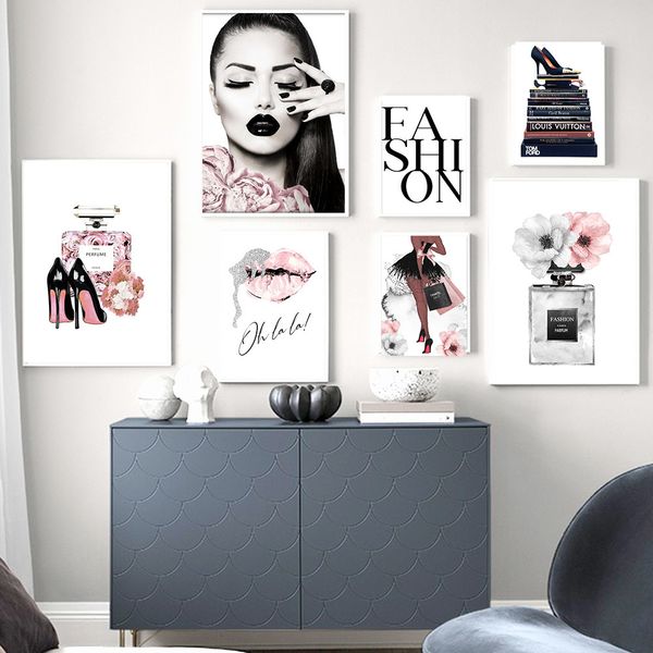 

fashion woman painting perfume wall art poster pink lips canvas print high heels makeup wall pictures girl bedroom decoration