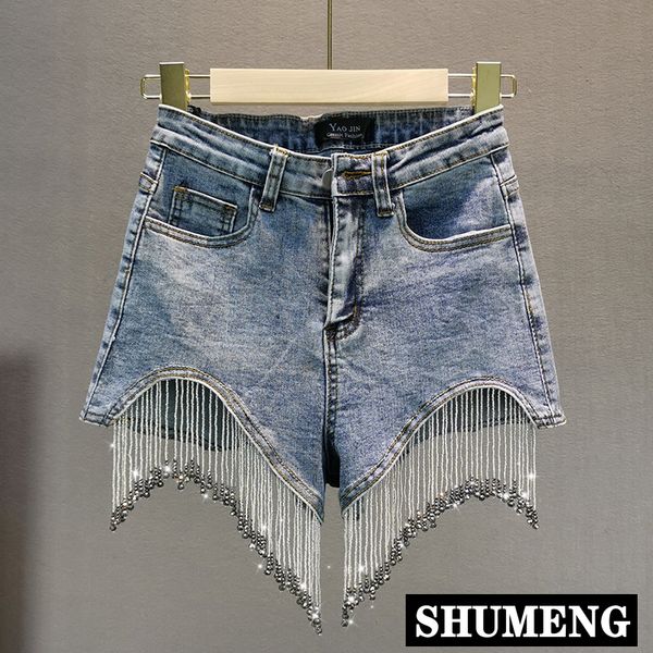 

2020 summer jeans shorts women new european stretch high waist shorts heavy rhinestone fringed denim pants, Blue