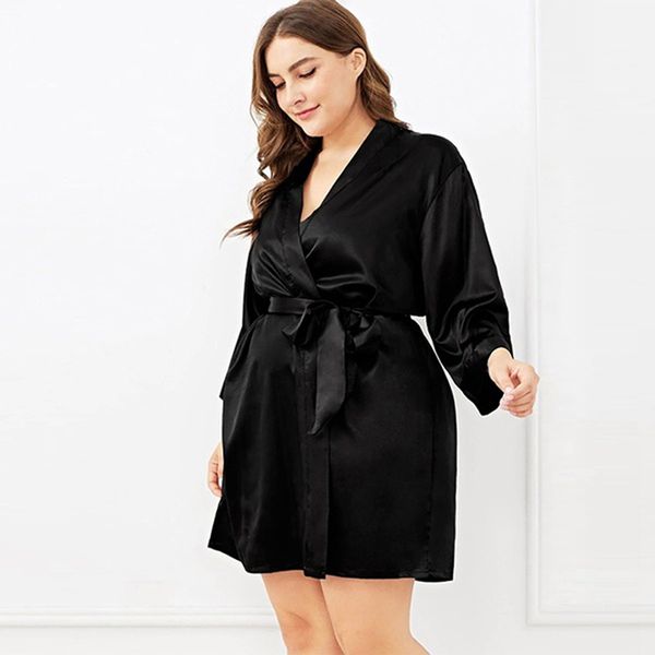 

ladies sleeping gown women satin bride bathrobe robe lace silk kimono bathrobe new women autumn nightwear plus size, Black;red