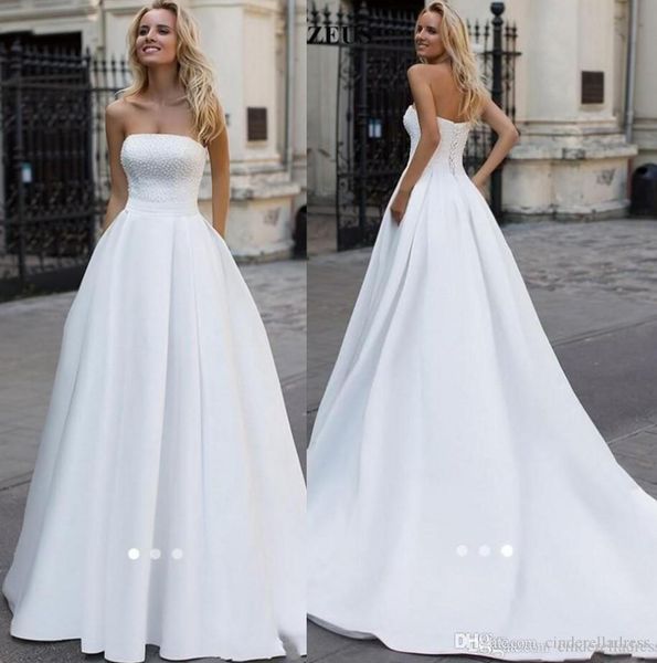 Elegante billige einfache bescheidene satin a line kleider trägerlose perlen Perlen Sweep Zug Garten Hochzeitskleid Brautkleider Vestidos