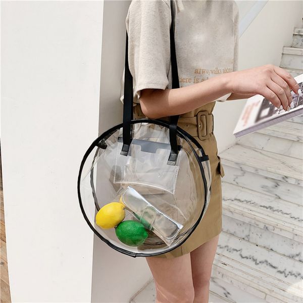 

2020 женщины пвх transparent messenger плеча big bag новизна мода круглый мешок руки пакет вскользь plain девушки clear пляж лето