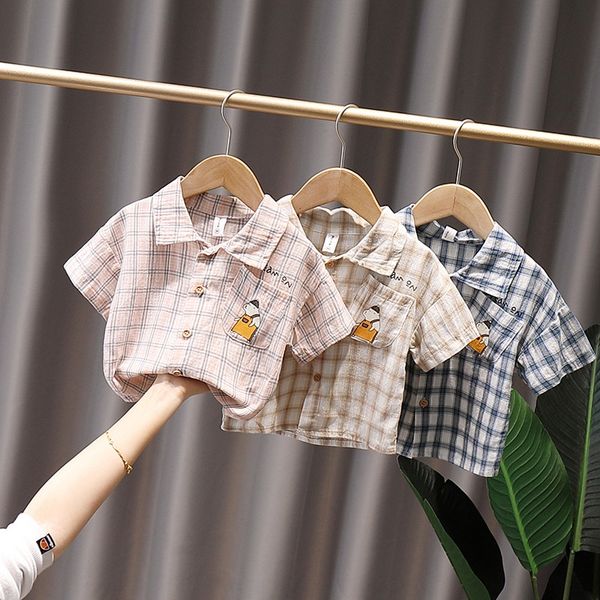 

yrtp children's short-sleeved summer 2020 new male baby korean plaid cartoon thin fashion shirt shirt, White;black