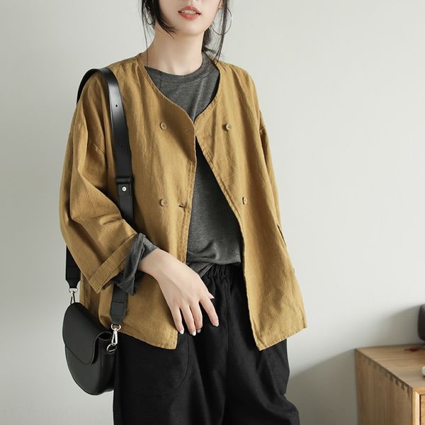 

2020 elegant four-color ~ early autumn new round neck profile ramie double-breasted long sleeve casual coat suit coat, White;black