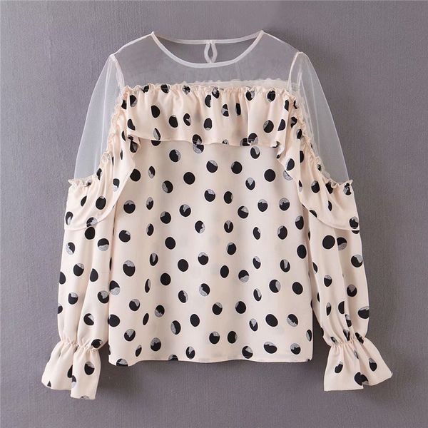 

2020 spring sweet dot ruffled blouses o neck long sleeve shirts female cute casual blusas mujer, White