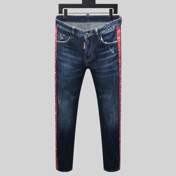 

new mens jeans distressed motorcycle biker jeans rock skinny slim ripped hole letter mens slim fit jeans men pants, Blue