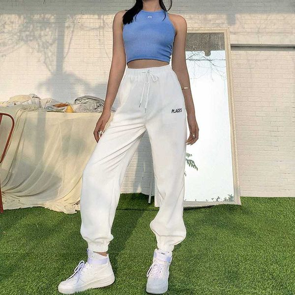 

embroidery letter print sweatpants women solid fitness loose drawstring high waist cargo pants casual streetwear outfit, Black;white