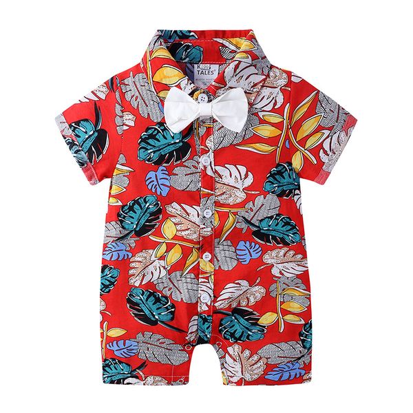 

jumpsuits 2021 baby summer clothes infant kids boys romper leaf print bow tie turn-down collar short sleeve jumpsuit, Blue