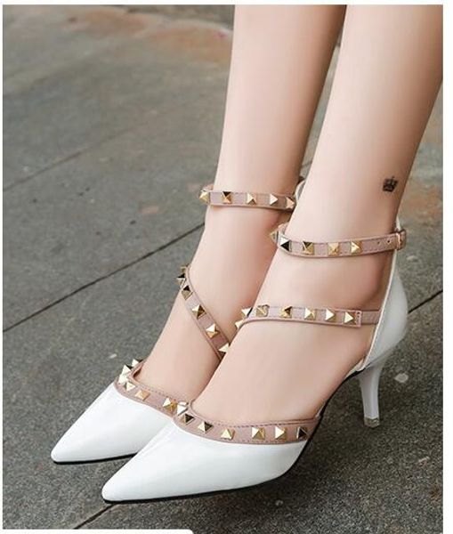 

europe and america women high heels summer new high heel rivet pointed fine with pure color single buckle women's shoes, Black