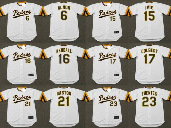 

san diego 6 bill almon 15 mike ivie 16 fred kendall 17 nate colbert 21 cito gaston 23 tito fuentes baseball jersey, Black