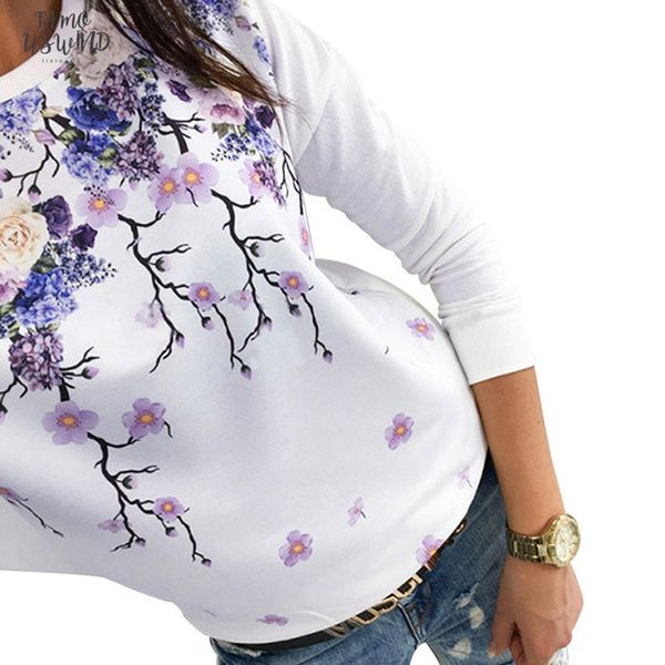 

fashion women loose t shirt long sleeve flower print casual o neck t shirt spring fall new women plus size clothing, White