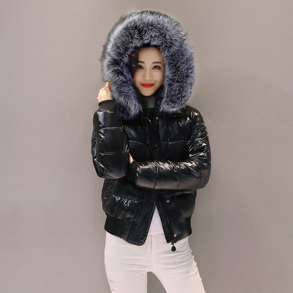 

winter jacket women big fur hooded down parkas glossy female jacket short coat slim warm winter waterproof outwear 2020 new, Black