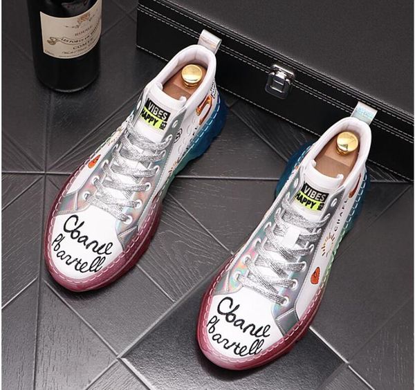 

2020 white graffiti shoes men casual shoes fashion printed mens loafers rivets toe runway high lace up mens sneakers, Black