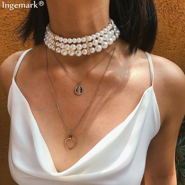 

gothic layered white pearl choker necklace collar statement punk angel virgin mary coin pendant long chain necklace wome, Silver