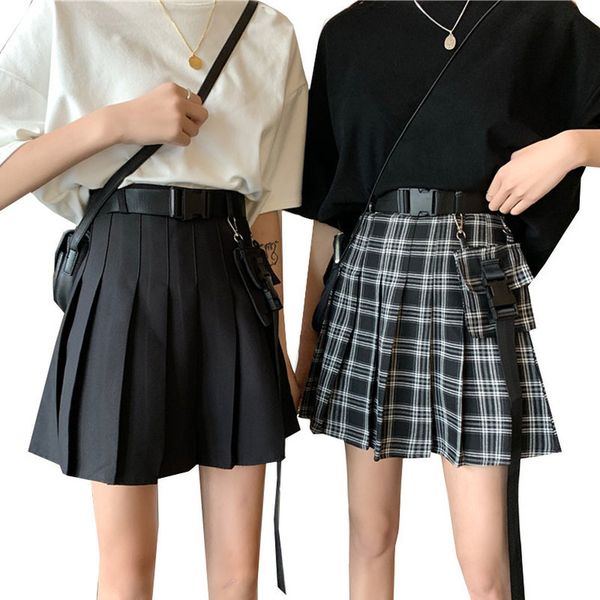 

vintage belt pleated skirts women high waist a line ladies pleated mini skirt streetwear sweet girls dance skirt plaid skirts, Black