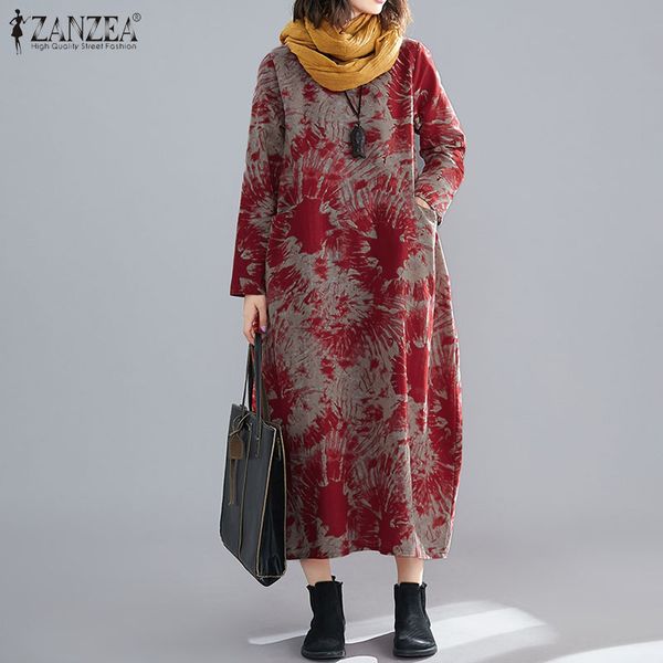 

2020 vintage printed long maxi dress zanzea women casual pockets vestidos beach party sundress long sleeve o neck robe femme 7, Black;gray