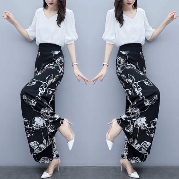 

chiffon floral print two piece set and pants summer outfits for women clothes 2020 ensemble femme deux pieces woman suit, White