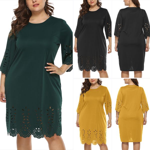 

casual dresses women's plus size solid 3/4 sleeve o-neck hollow dress, Black;gray