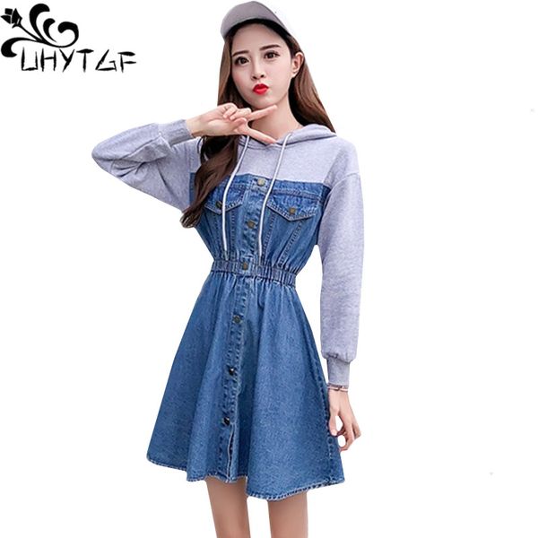

uhytgf 2020 new womens denim dress splice fake two long sleeve female autumn dress hooded pullover mini ladies jeans dresses 255, Black;gray
