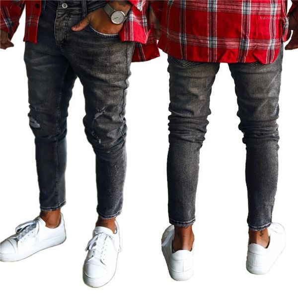 

slim hole jeans man high street low waist pencil pants man fashion casual trousers mens black, Blue