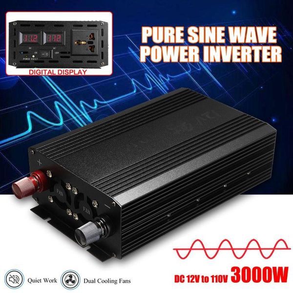 

car power inverter 3000w dc 12v to ac 110v vehicle battery converter power supply pure sine wave on-board charger switch