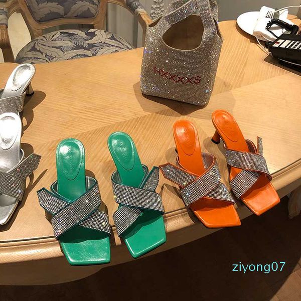 

женская мода тапочки слайды rhinestone мулов обувь thin высокие каблуки скольжения на гладиатор cross ремень тапочки вьетнамки сандалии z07, Black