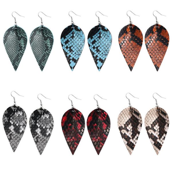 

women's leaves shape pu leather earrings printed snakeskin pattern leaf teardrop leather earring charm pendant eardrop ear hook jewelry, Silver